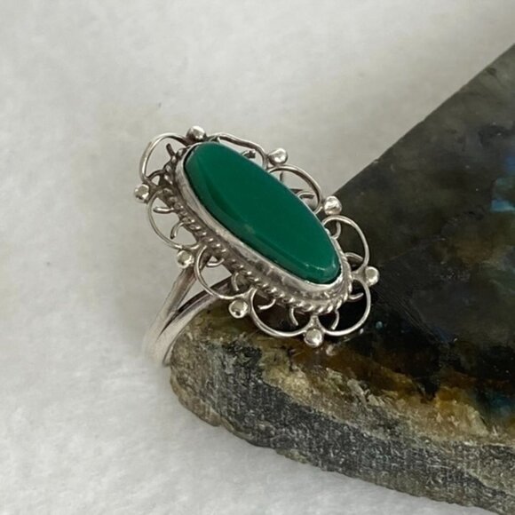 VTG Sterling Silver 925 Filigree Scrollwork Oval Bezel Set Green Onyx Ring 5.5 - Picture 6 of 16